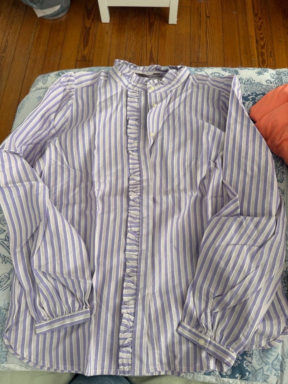 LOFT Lavender and White Striped Ruffle-Front Blouse